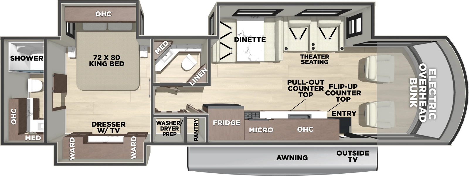 The 35G has three slideouts and one entry. Exterior features outside entertainment center. Interior layout front to back: Front cab area with 84 inch ceiling height and secure overhead storage; off-door side slideout with power theater seating, overhead cabinet, and wrap around booth dinette; door side entry, kitchen counter with flip-up counter, sink and cooktop, overhead cabinet with TV and microwave, 12 V 3-door refrigerator, pantry, and wardrobe with stackable washer/dryer prep; off-door side half bathroom; bedroom with off-door side king bed slideout with overhead cabinet and nightstands on each side, and door side slideout with 12V TV with wardrobes on each side; rear full bathroom with overhead cabinet and medicine cabinet.